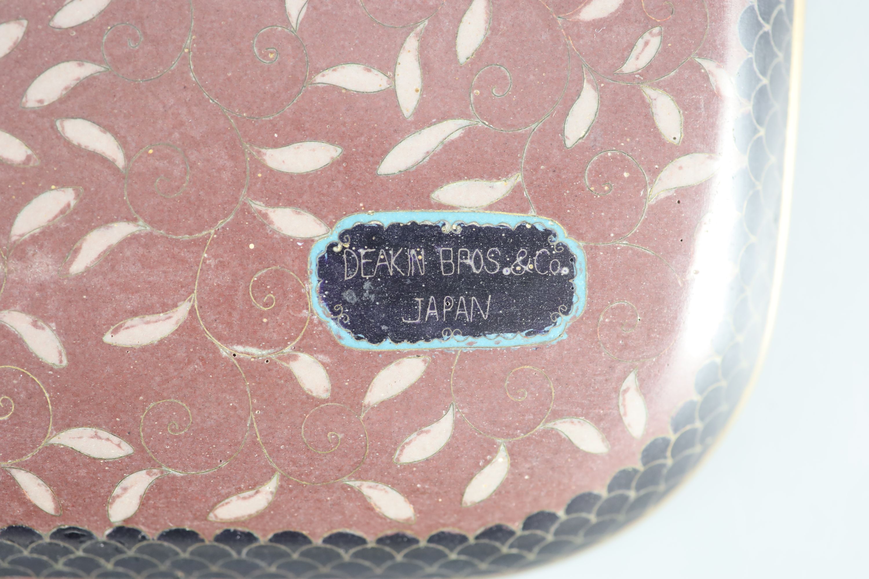 A Japanese square cloisonne tray, Meiji period, decorated with cockerel, hen and chick on a pale blue ground, Deakin Bros & Co, Japan